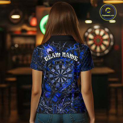 Custom Blue Skull Butterfly Women Dart Shirts Spider Smoke Dartboard Darts Polo & 1/4-Zip Jerseys NYN3077