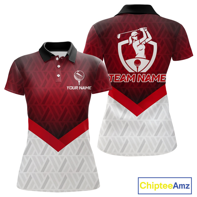 White And Red Geometric Golf Polo Golf Shirts For Women Personalized Golf Team Attire NYN3249