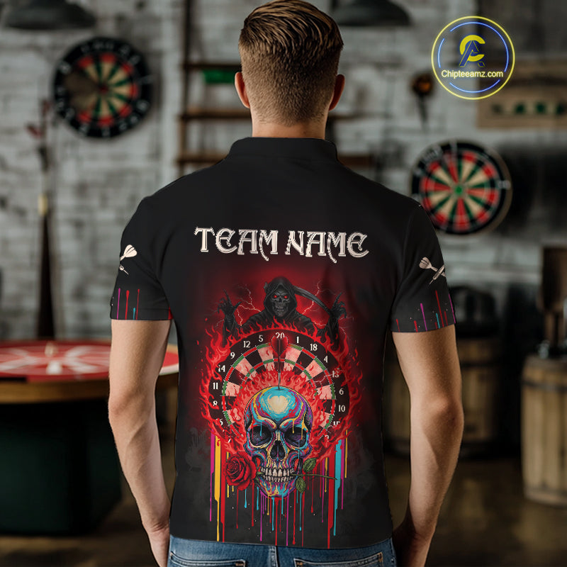 Custom Red Flames Grim Reaper Dartboard Men Darts Polo Shirt Rose Skulls Darts Jersey NYN1975