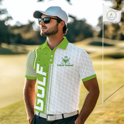 Green Golf Course Pattern Golf Polo Shirts For Men Custom Team Name White Golf Ball Jersey NYN3258