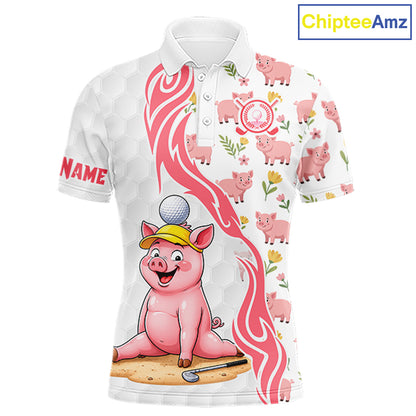 Pink and White Glitter Pig Men's Golf Polo Shirt mockup featuring glitter pig mascot, personalized golf apparel, custom golf team polo, country golf clothing.