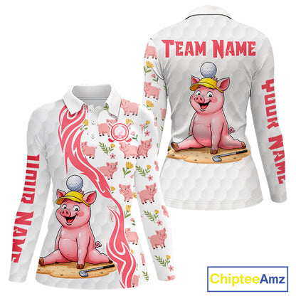Pink and White Glitter Pig Women's Golf Polo Shirt mockup, personalized golf polo, glitter pig golf apparel, custom golf team clothing, breathable performance golf shirt, stylish golf outfit.