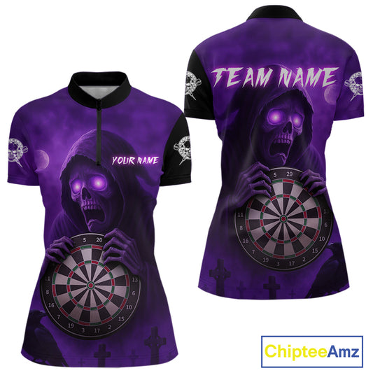 Custom Purple Ravens Grim Reaper Halloween Women Dart 1/4-Zip Shirt Dart Team Jersey NYN1450