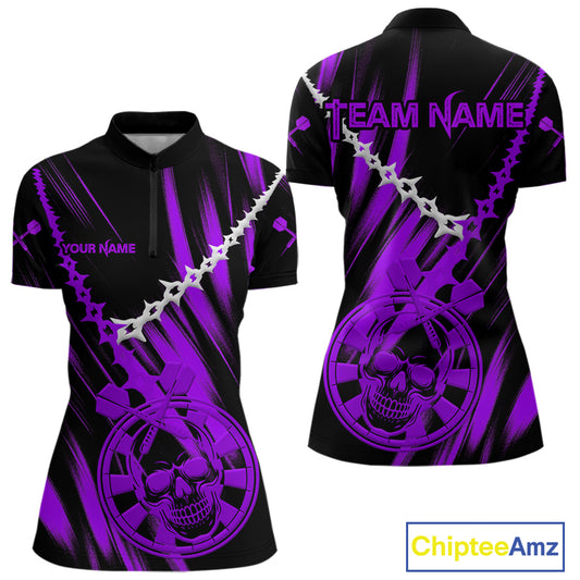 Custom White Chain Purple Skull Dartboard Dart Women 1/4-Zip Jerseys Grunge Dart Shirt NYN1717