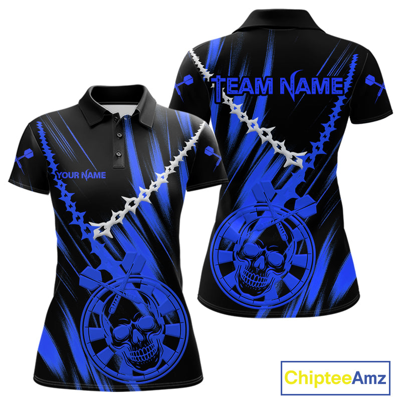 Custom White Chain Blue Skull Dartboard Dart Women Polo Jerseys Grunge Dart Shirt NYN1718