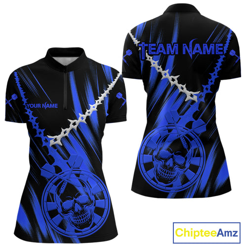 Custom White Chain Blue Skull Dartboard Dart Women 1/4-Zip Jerseys Grunge Dart Shirt NYN1718