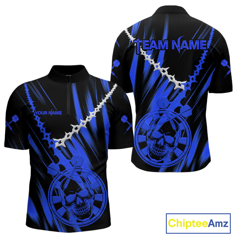 Custom White Chain Blue Skull Dartboard Dart Men 1/4-Zip Jerseys Grunge Dart Shirt NYN1718