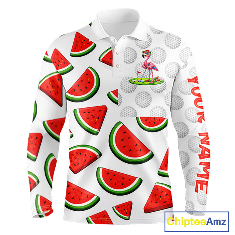 Tired Flamingo Watermelon Pattern Mens Golf Polo Shirts Custom Funny Golfing Flamingo Golf Shirts NYN2882