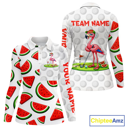 Tired Flamingo Watermelon Pattern Womens Golf Polo Shirts Custom Funny Golfing Flamingo Golf Shirts NYN2882