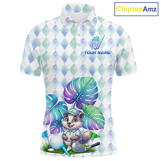 Funny Mens Golf Polo Shirt Holographic Argyle Monstera Golf Ball Personalized Raccoon Golf Shirts NYN3094