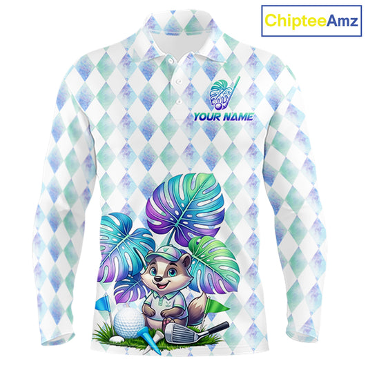 Funny Mens Golf Polo Shirt Holographic Argyle Monstera Golf Ball Personalized Raccoon Golf Shirts NYN3094