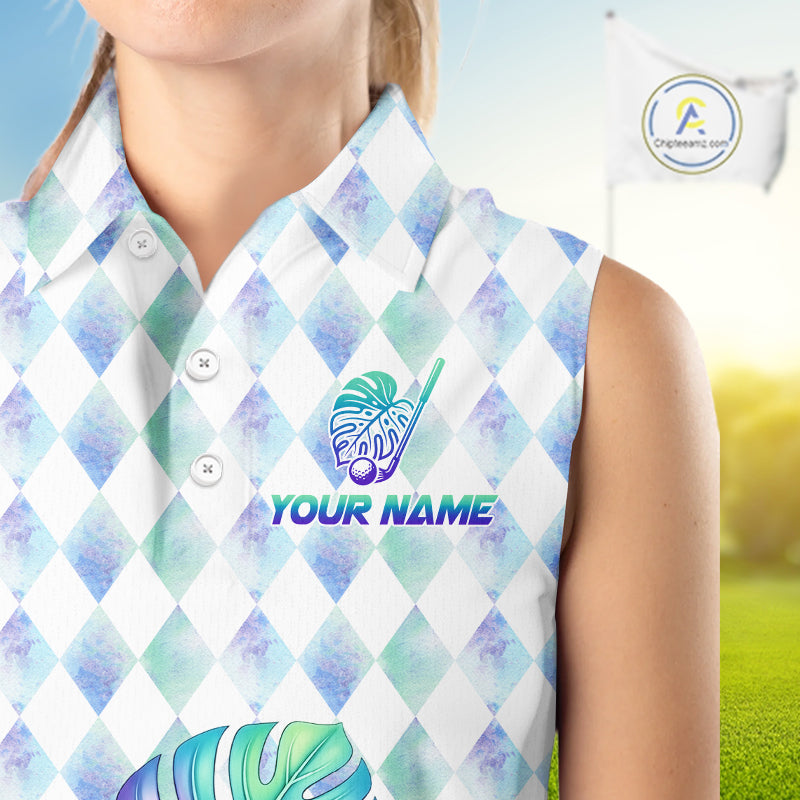 Funny Womens Golf Sleeveless Polo Shirt Holographic Argyle Monstera Golf Ball Personalized Raccoon Golf Shirts NYN3094