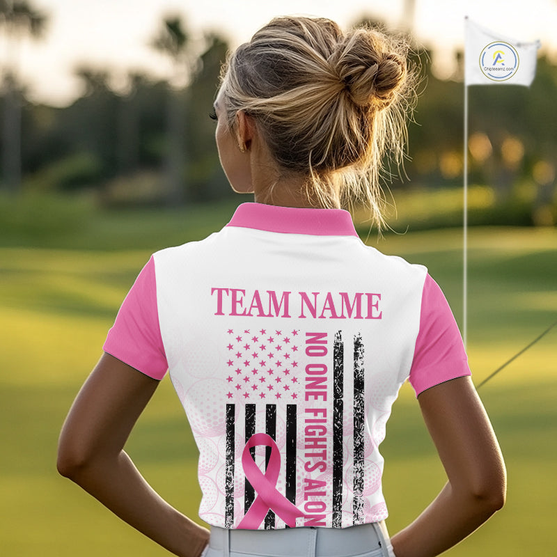 Pink Ribbon Breast Cancer Awareness Womens Polo Shirt Custom US Flag Patriotic Golf Shirt For Women NYN3099