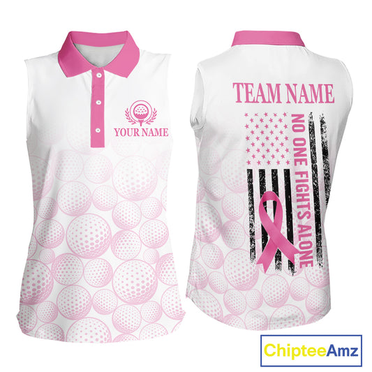 Pink Ribbon Breast Cancer Awareness Womens Sleeveless Polo Shirt Custom US Flag Patriotic Golf Shirt For Women NYN3099