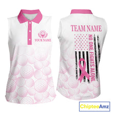 Load image into Gallery viewer, Pink Ribbon Breast Cancer Awareness Womens Sleeveless Polo Shirt Custom US Flag Patriotic Golf Shirt For Women NYN3099