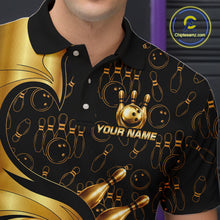 Load image into Gallery viewer, Black And Gold Strikes Bowling Ball &amp; Pins Shirt For Men Custom Bowling Team Attire NYN3275