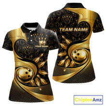 Load image into Gallery viewer, Black And Gold Strikes Bowling Ball &amp; Pins Shirt For Women Custom Bowling Team Attire NYN3275