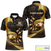 Load image into Gallery viewer, Black And Gold Strikes Bowling Ball &amp; Pins Shirt For Men Custom Bowling Team Attire NYN3275
