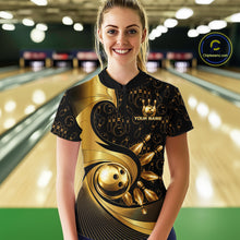 Load image into Gallery viewer, Black And Gold Strikes Bowling Ball &amp; Pins Shirt For Women Custom Bowling Team Attire NYN3275