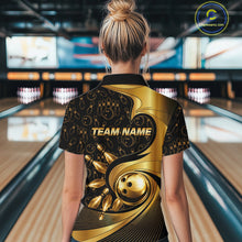 Load image into Gallery viewer, Black And Gold Strikes Bowling Ball &amp; Pins Shirt For Women Custom Bowling Team Attire NYN3275