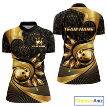 Load image into Gallery viewer, Black And Gold Strikes Bowling Ball &amp; Pins Shirt For Women Custom Bowling Team Attire NYN3275
