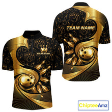 Load image into Gallery viewer, Black And Gold Strikes Bowling Ball &amp; Pins Shirt For Men Custom Bowling Team Attire NYN3275
