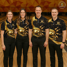 Load image into Gallery viewer, Black And Gold Strikes Bowling Ball &amp; Pins Shirt For Women Custom Bowling Team Attire NYN3275