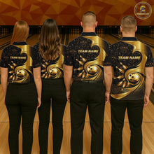 Load image into Gallery viewer, Black And Gold Strikes Bowling Ball &amp; Pins Shirt For Women Custom Bowling Team Attire NYN3275