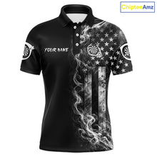Load image into Gallery viewer, White Smokes American Flag Skeleton men's patriotic darts polo shirt, USA dart jersey, custom patriotic dart team apparel