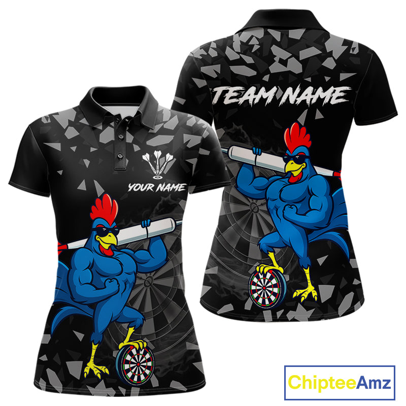 Custom Black And Blue Funny Rooster Dart Polo Shirt For Women Outfit Dart Team Jersey NYN1459