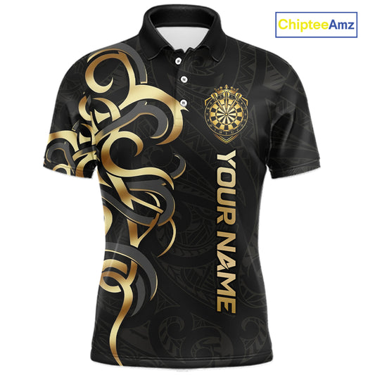 Custom Black And Gold Crown Dartboard Darts Men Polo 14-Zip Shirt, Polynesian Tribal Darts Attire NYN3119
