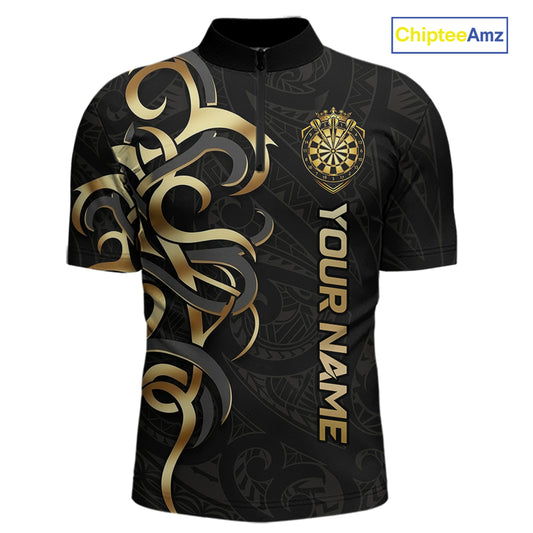 Custom Black And Gold Crown Dartboard Darts Men Polo 14-Zip Shirt, Polynesian Tribal Darts Attire NYN3119