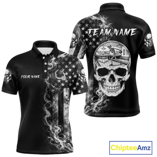 Smoke American Flag Men Bowling Polo Shirt Custom Skeleton Youth Bowling Outfits