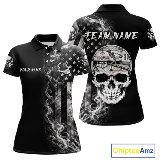 Smoke American Flag Women Bowling Polo Shirt Custom Skeleton Youth Bowling Outfits