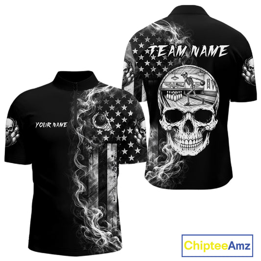 Smoke American Flag Men Bowling 1/4-Zip Shirt Custom Skeleton Youth Bowling Outfits