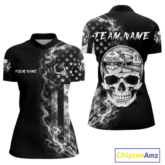 Smoke American Flag Women Bowling 1/4-Zip Shirt Custom Skeleton Youth Bowling Outfits