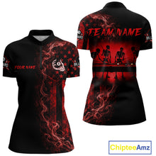 Load image into Gallery viewer, Red smoke American flag billiard 1/4-zip shirt with 8 ball skeleton design for women