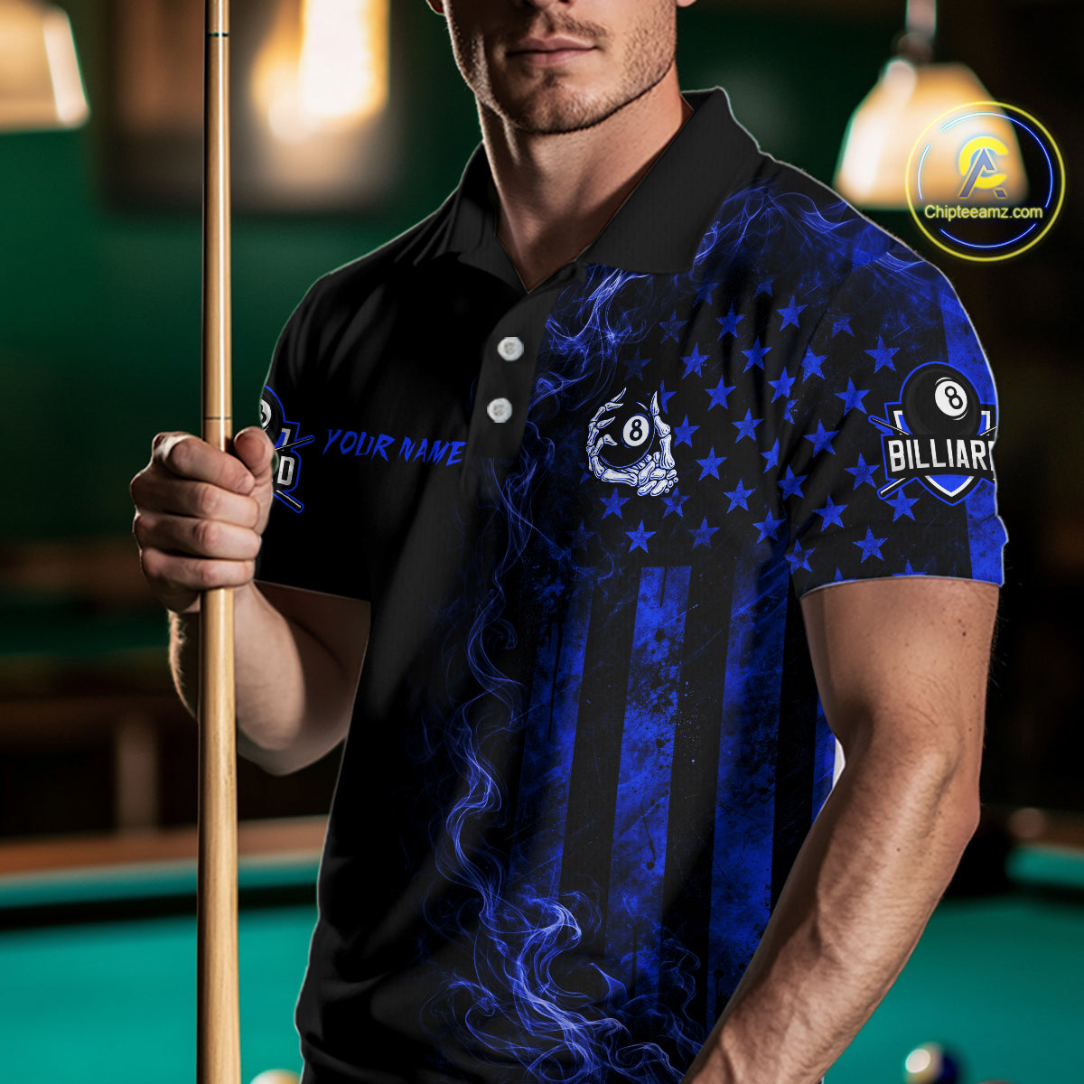 Blue Smokes American Flag 8 Ball Billiard Pool Shirt For Men Custom Billiard Skeleton Team Appeal NYN3288