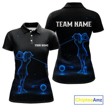 Load image into Gallery viewer, Women's personalized black and galaxy blue golf polo shirt, matching couples golf shirt, custom golf apparel, ladies golf team uniform