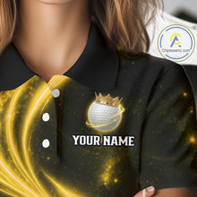 Load image into Gallery viewer, Female golfer wearing galaxy yellow crown golf ball polo shirt, women's golf apparel, tournament golf outfit