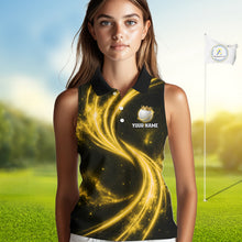 Load image into Gallery viewer, Female golfer wearing galaxy yellow crown golf ball polo shirt, women's golf apparel, tournament golf outfit