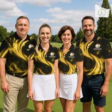 Load image into Gallery viewer, Men women golf team wearing matching galaxy yellow crown golf ball golf polo shirts, custom golf team uniforms, golf tournament apparel