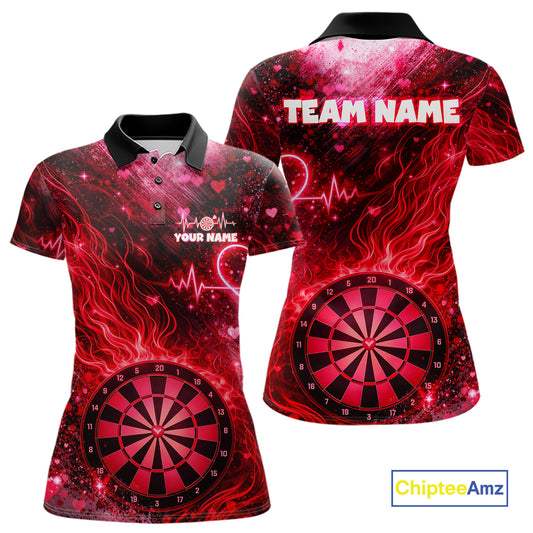 Heart Beat Red Grunge Flame Dartboard Women Darts Valentine Shirt Custom Dart Polo Couple Gifts NYN2535