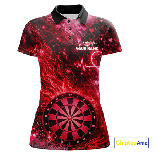 Heart Beat Red Grunge Flame Dartboard Women Darts Valentine Shirt Custom Dart Polo Couple Gifts NYN2535