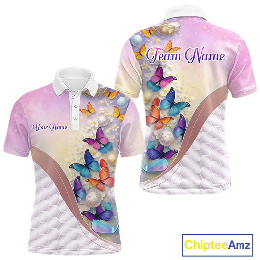 Colorful Butterfly Mens Golf Polo Shirt Custom Name Floral White Golf Ball Clothes Jerseys NYN2911