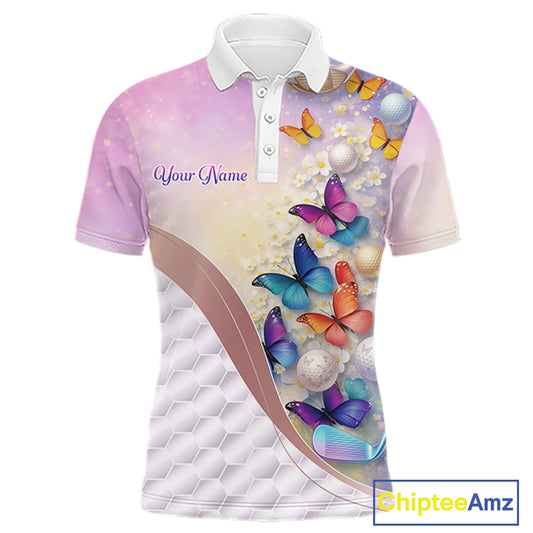Colorful Butterfly Mens Golf Polo Shirt Custom Name Floral White Golf Ball Clothes Jerseys NYN2911