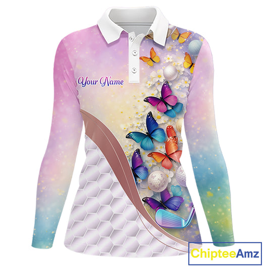 Colorful Butterfly Womens Golf Polo Shirt Custom Name Floral White Golf Ball Clothes Jerseys NYN2911