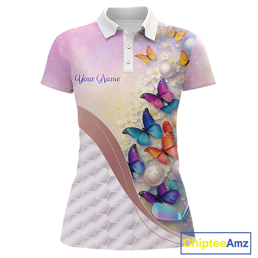 Colorful Butterfly Womens Golf Polo Shirt Custom Name Floral White Golf Ball Clothes Jerseys NYN2911