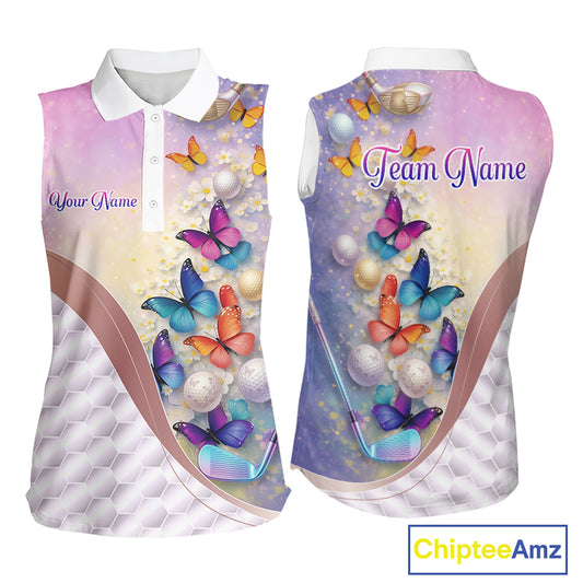 Colorful Butterfly Womens Sleeveless Golf Polo Shirt Custom Name Floral White Golf Ball Jerseys NYN2911