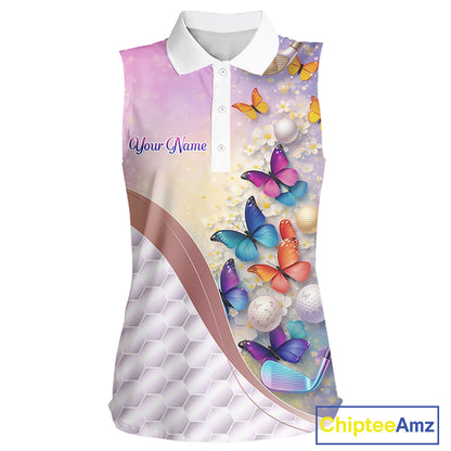 Colorful Butterfly Womens Sleeveless Golf Polo Shirt Custom Name Floral White Golf Ball Jerseys NYN2911